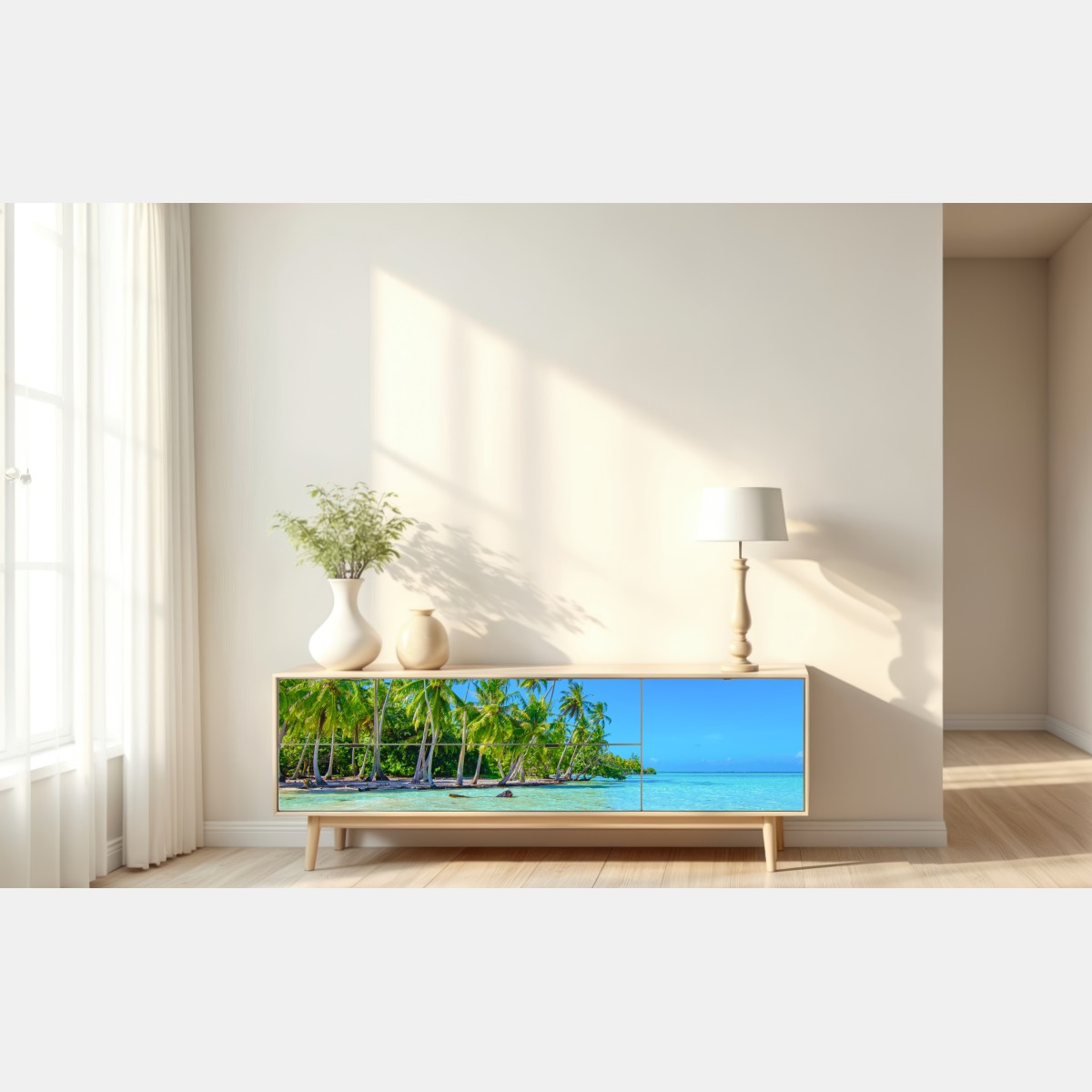 Naklejka repozycjonowalna tropikalna plaża z palmami – Wallissimo® Naklejka repozycjonowalna tropikalna plaża z palmami – Wallissimo®