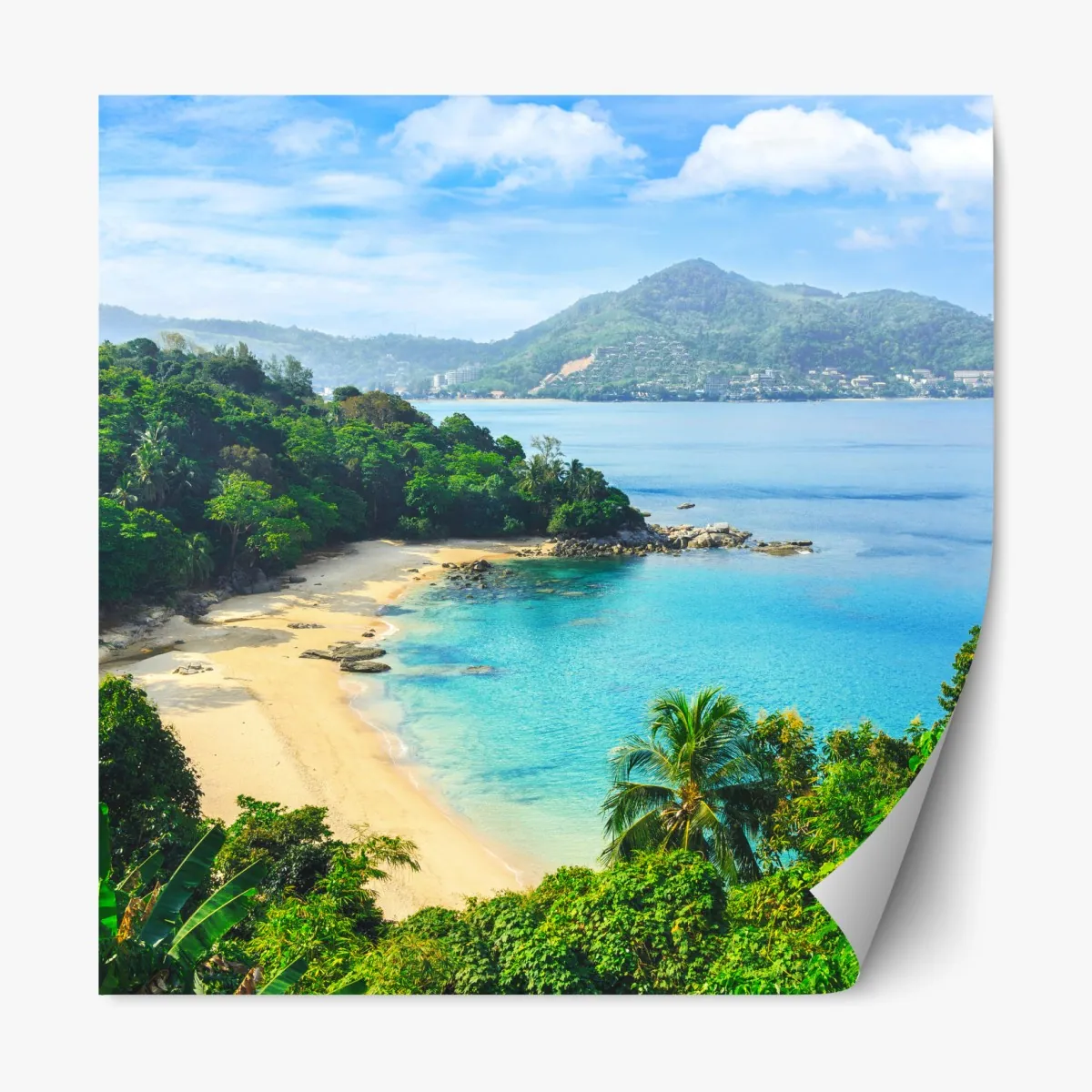 Naklejka repozycjonowalna tropikalna turkusowa zatoka z palmami – Wallissimo® Naklejka repozycjonowalna tropikalna turkusowa zatoka z palmami – Wallissimo®