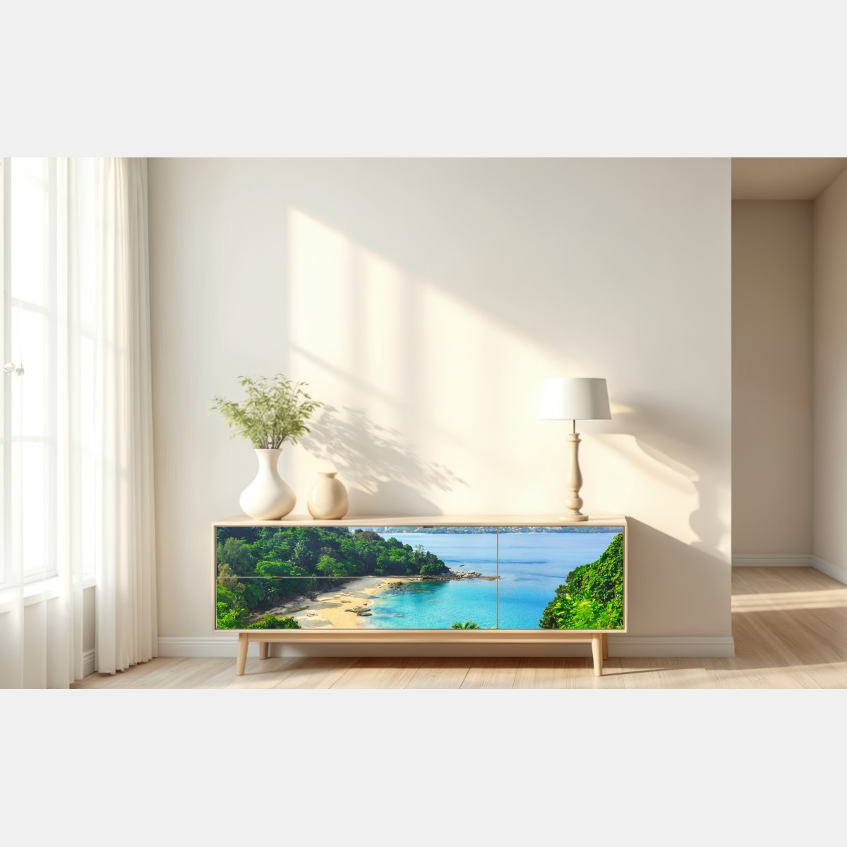 Naklejka repozycjonowalna tropikalna turkusowa zatoka z palmami – Wallissimo® Naklejka repozycjonowalna tropikalna turkusowa zatoka z palmami – Wallissimo®