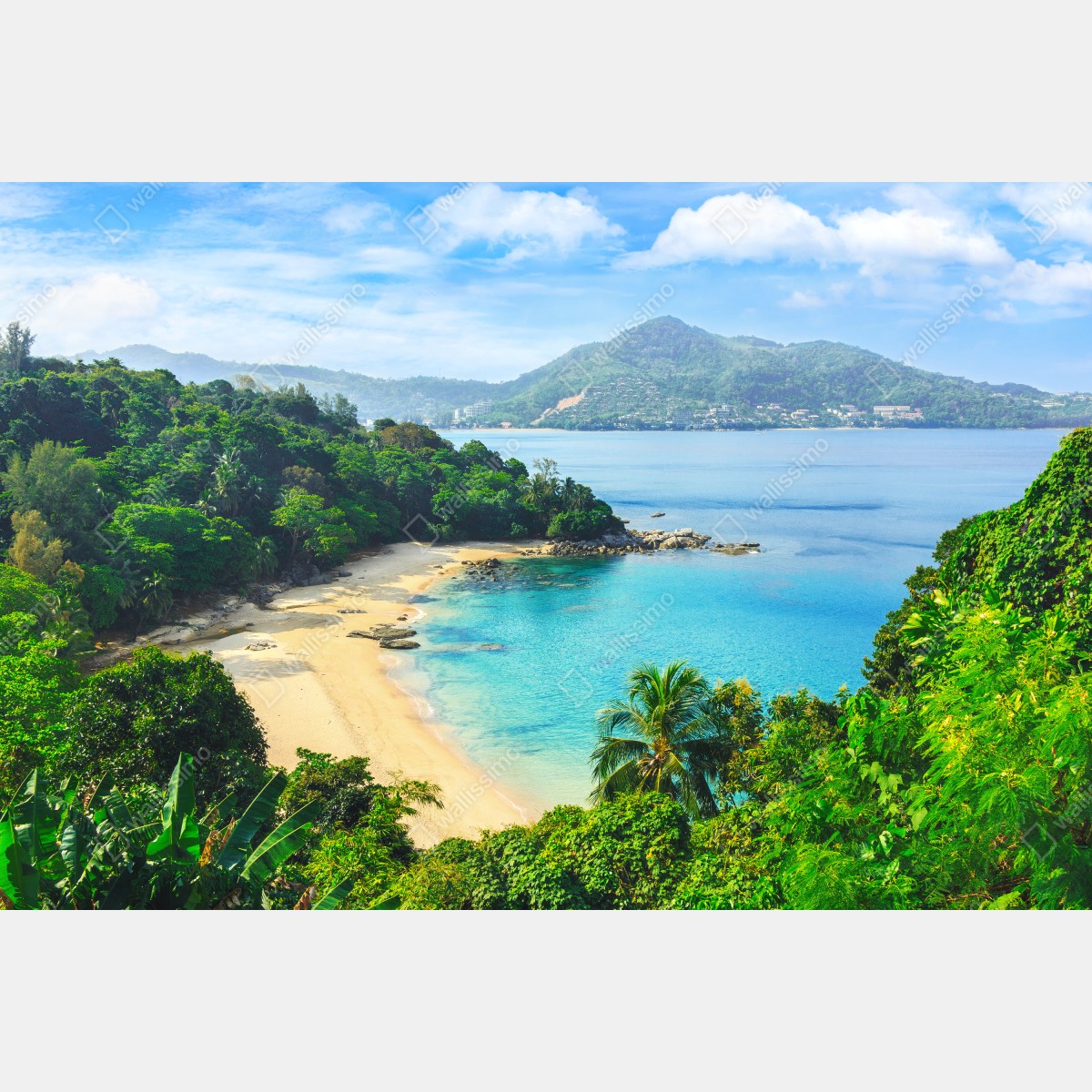 Naklejka repozycjonowalna tropikalna turkusowa zatoka z palmami – Wallissimo® Naklejka repozycjonowalna tropikalna turkusowa zatoka z palmami – Wallissimo®