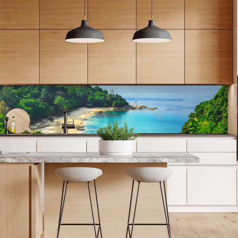 Naklejka repozycjonowalna tropikalna turkusowa zatoka z palmami – Wallissimo® Naklejka repozycjonowalna tropikalna turkusowa zatoka z palmami – Wallissimo®