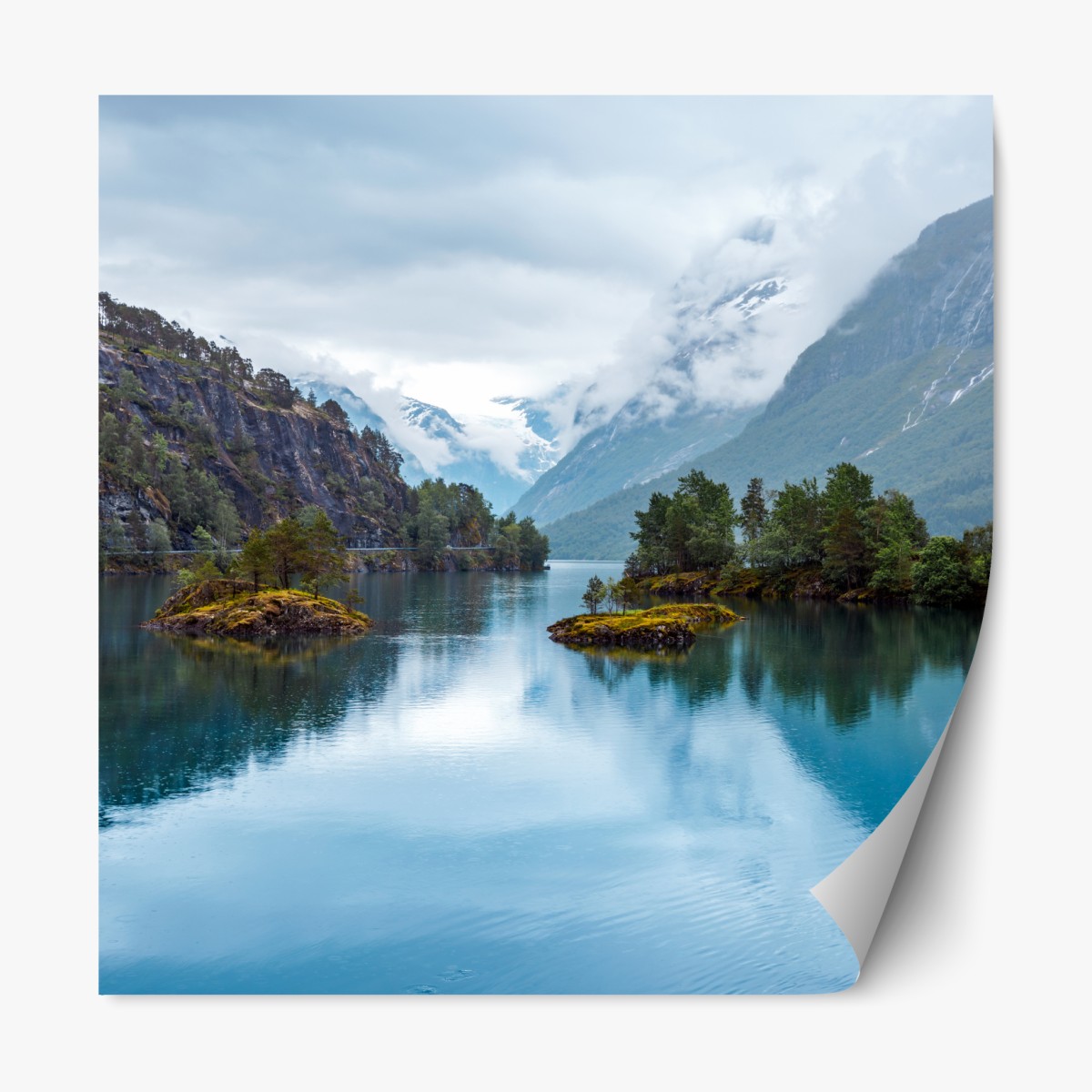 Repositionable sticker Lovatnet lake reflection in Norway's misty mountains