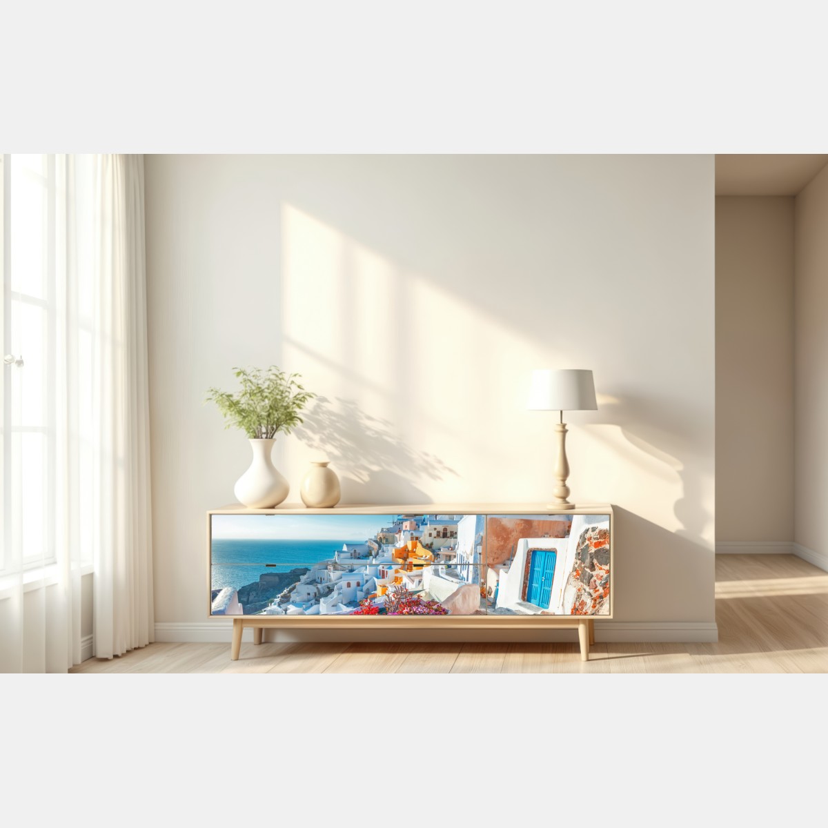 Naklejka repozycjonowalna słoneczne Santorini na klifie – Wallissimo® Naklejka repozycjonowalna słoneczne Santorini na klifie – Wallissimo®