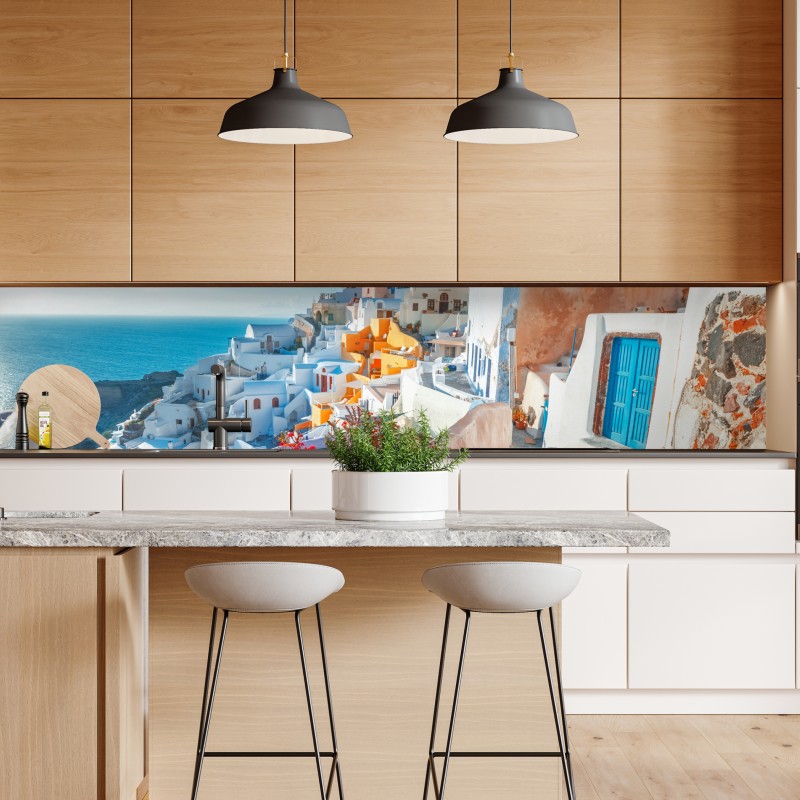 Naklejka repozycjonowalna słoneczne Santorini na klifie – Wallissimo® Naklejka repozycjonowalna słoneczne Santorini na klifie – Wallissimo®