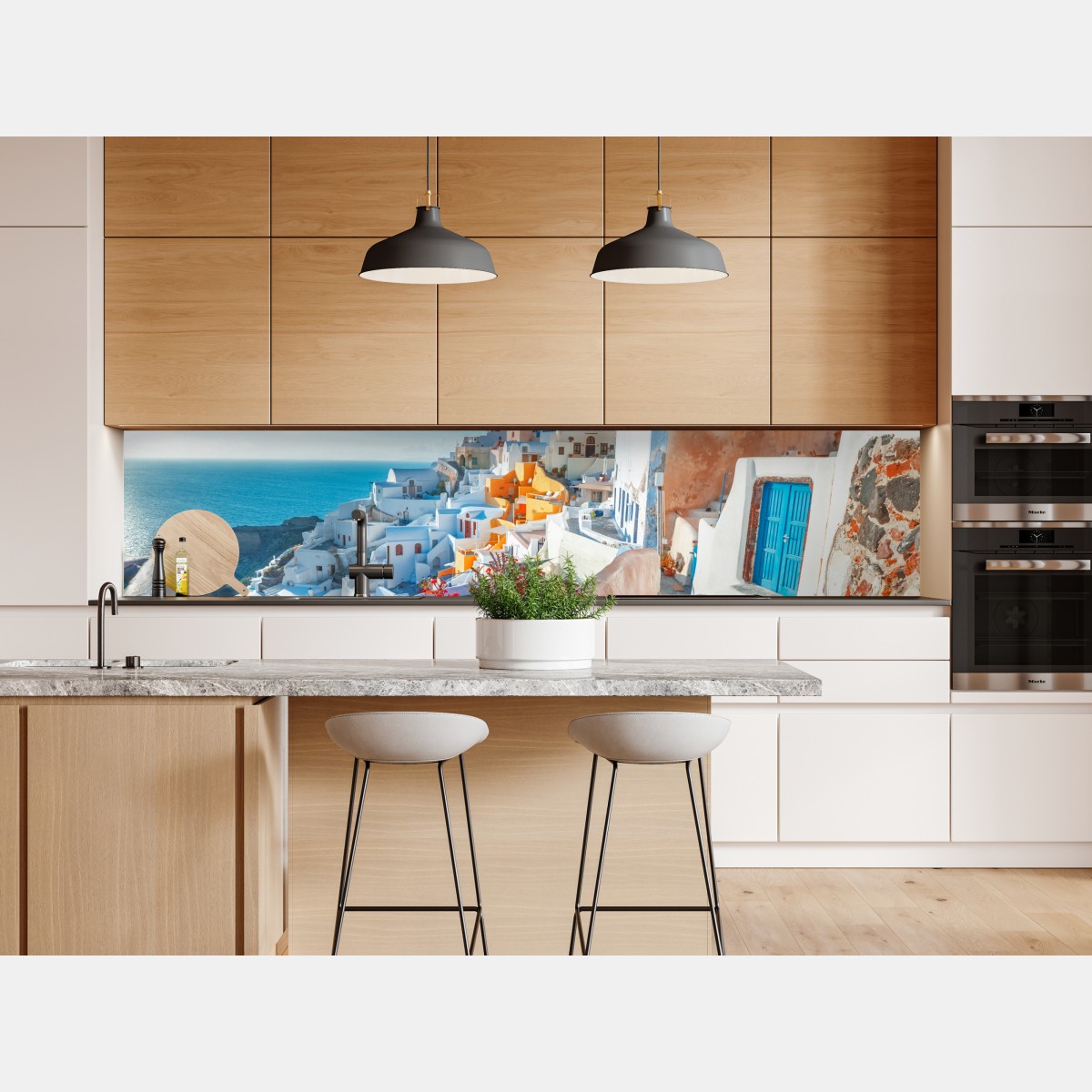 Naklejka repozycjonowalna słoneczne Santorini na klifie – Wallissimo® Naklejka repozycjonowalna słoneczne Santorini na klifie – Wallissimo®