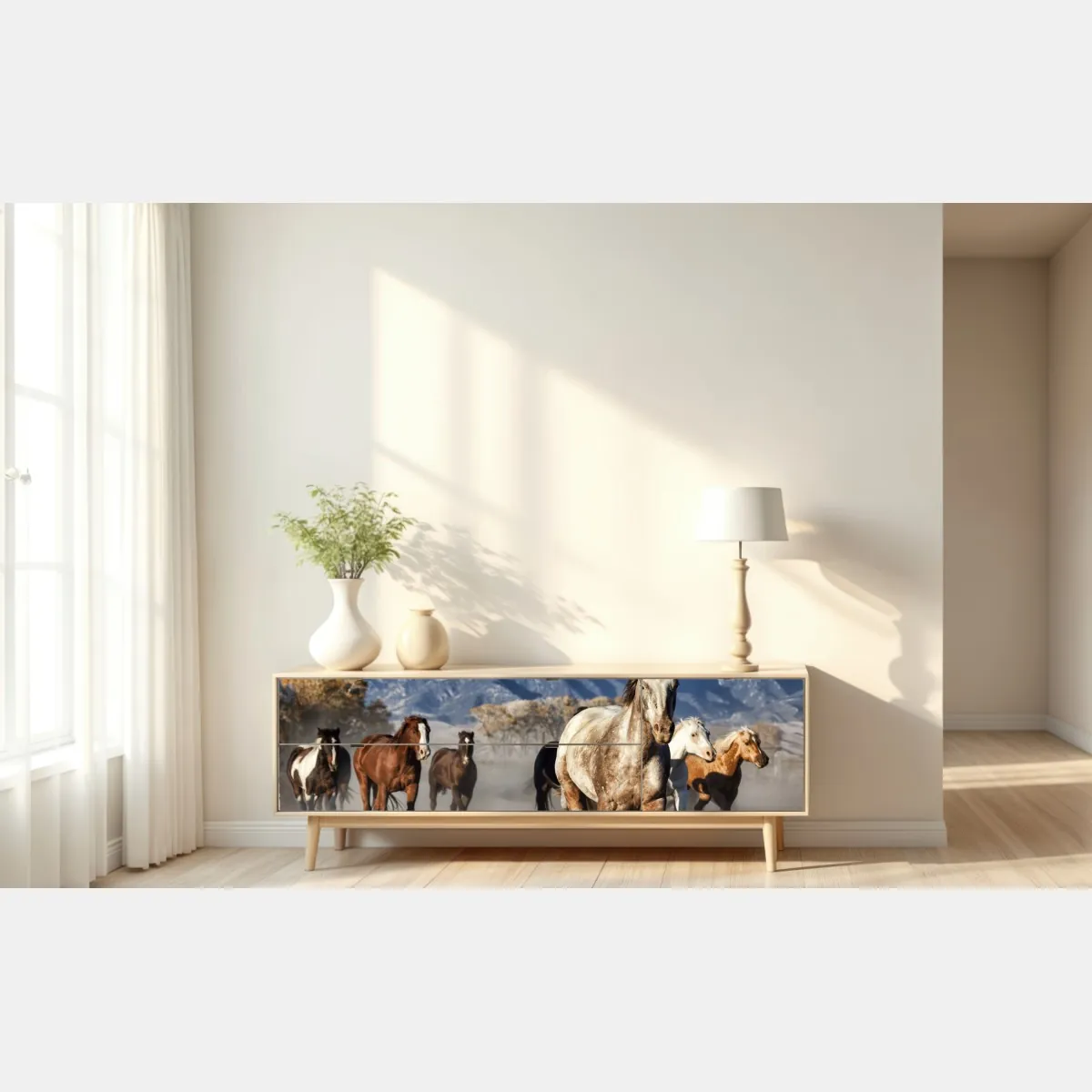 Naklejka repozycjonowalna dzikie konie galopujące po górskiej łące – Wallissimo® Naklejka repozycjonowalna dzikie konie galopujące po górskiej łące – Wallissimo®
