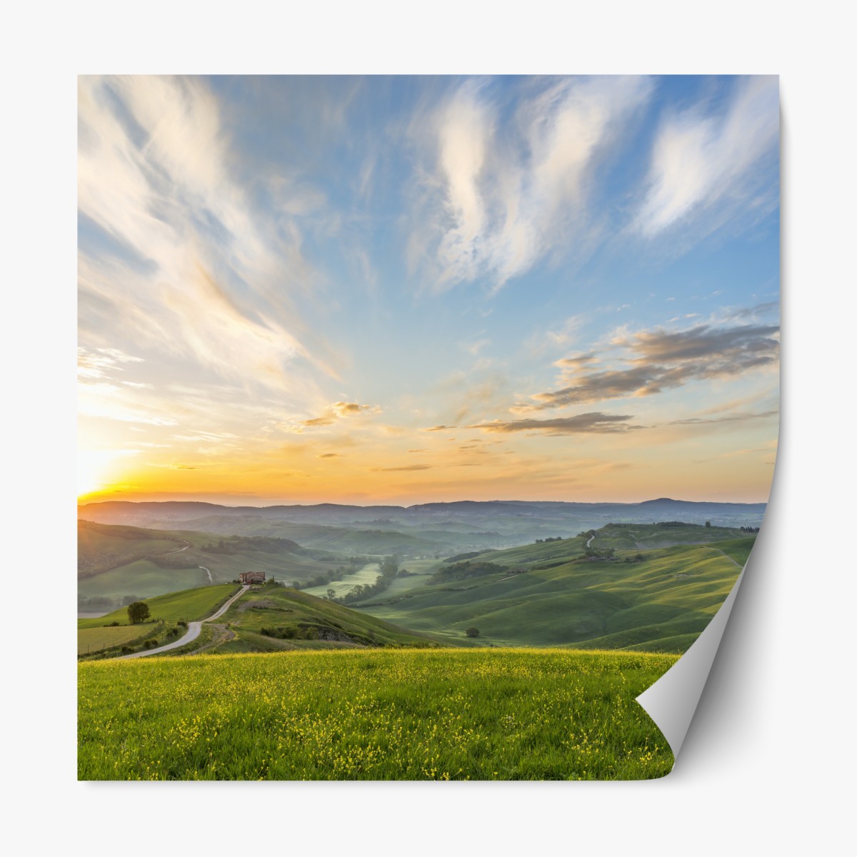 Repositionable sticker sunrise over an Italian meadow