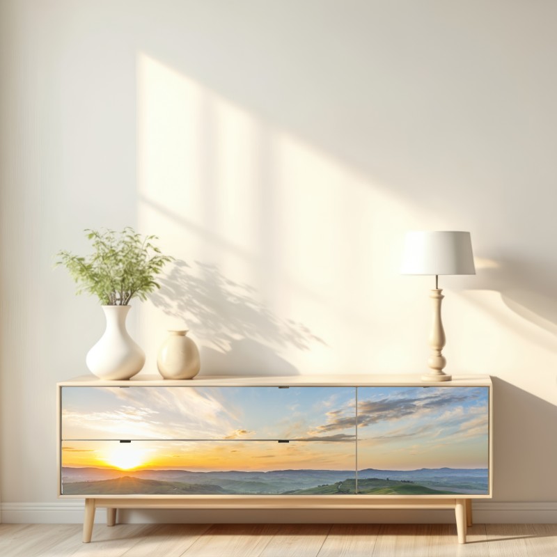 Naklejka repozycjonowalna wschód słońca nad łąką we Włoszech – Wallissimo® Naklejka repozycjonowalna wschód słońca nad łąką we Włoszech – Wallissimo®