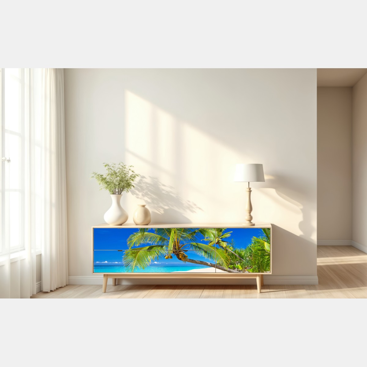 Naklejka repozycjonowalna Morze Andamańskie tropikalna plaża z pochyloną palmą – Wallissimo® Naklejka repozycjonowalna Morze Andamańskie tropikalna plaża z pochyloną palmą – Wallissimo®