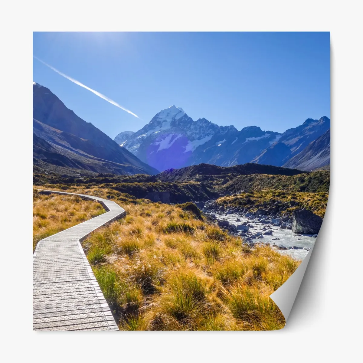 Naklejka repozycjonowalna pomost Hooker Valley z widokiem na Aoraki Mount Cook – Wallissimo® Naklejka repozycjonowalna pomost Hooker Valley z widokiem na Aoraki Mount Cook – Wallissimo®