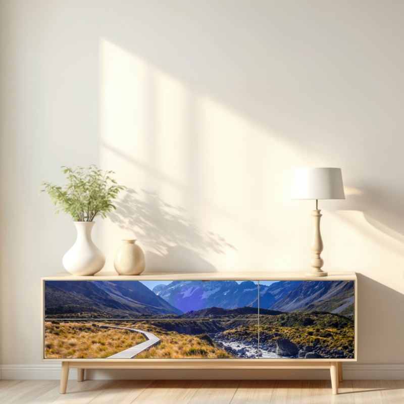 Naklejka repozycjonowalna pomost Hooker Valley z widokiem na Aoraki Mount Cook – Wallissimo® Naklejka repozycjonowalna pomost Hooker Valley z widokiem na Aoraki Mount Cook – Wallissimo®