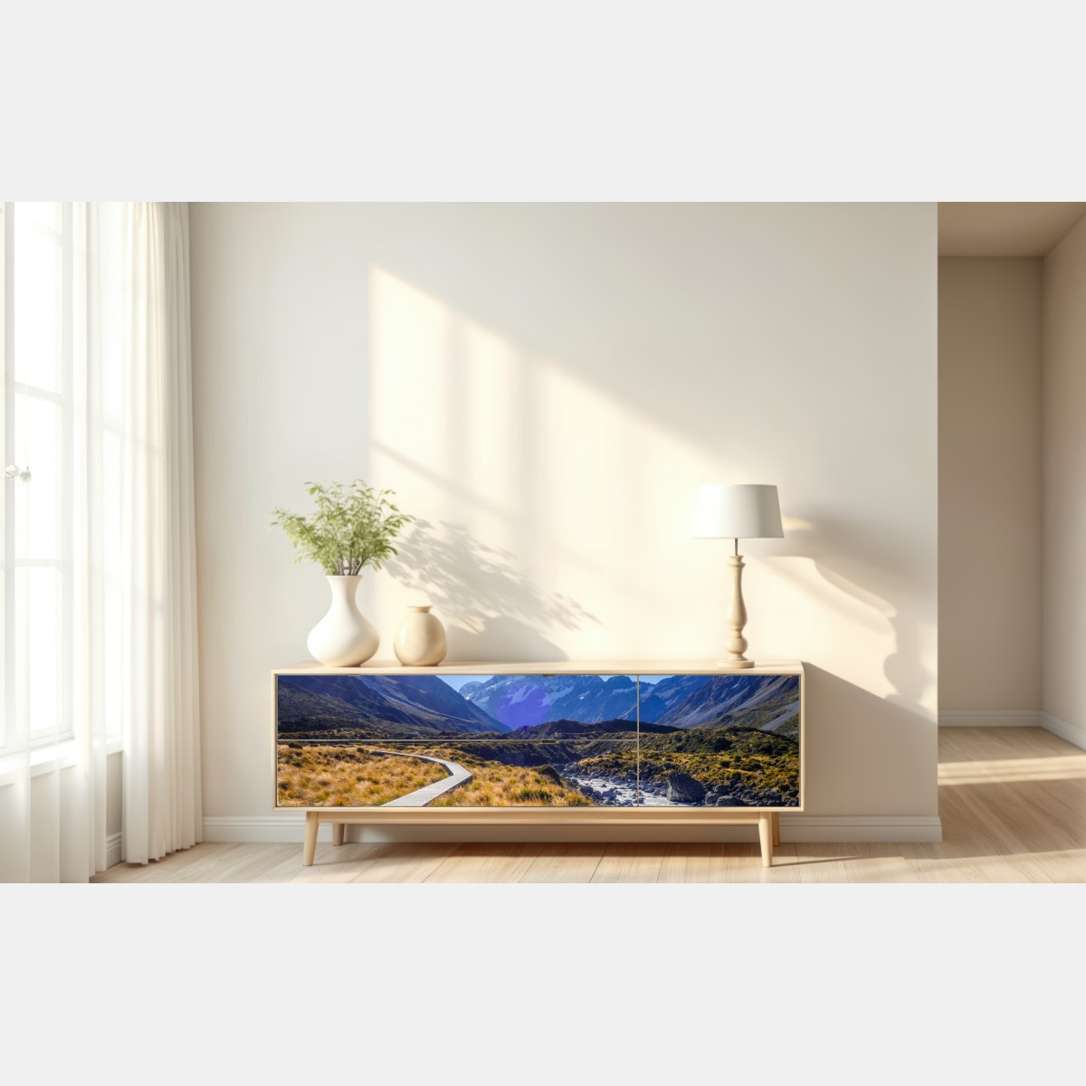 Naklejka repozycjonowalna pomost Hooker Valley z widokiem na Aoraki Mount Cook – Wallissimo® Naklejka repozycjonowalna pomost Hooker Valley z widokiem na Aoraki Mount Cook – Wallissimo®