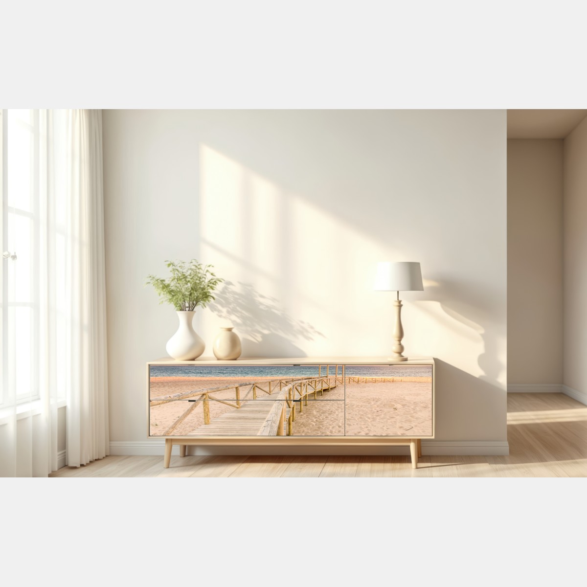 Naklejka repozycjonowalna drewniany pomost na plaży Trafalgar o zachodzie słońca – Wallissimo® Naklejka repozycjonowalna drewniany pomost na plaży Trafalgar o zachodzie słońca – Wallissimo®