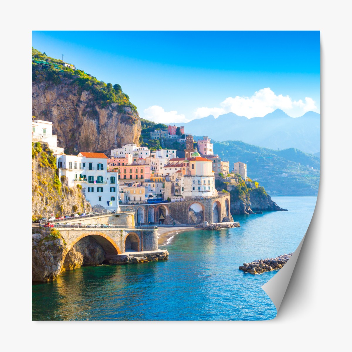 Repositionable sticker sunlit Amalfi Coast village on cliffs