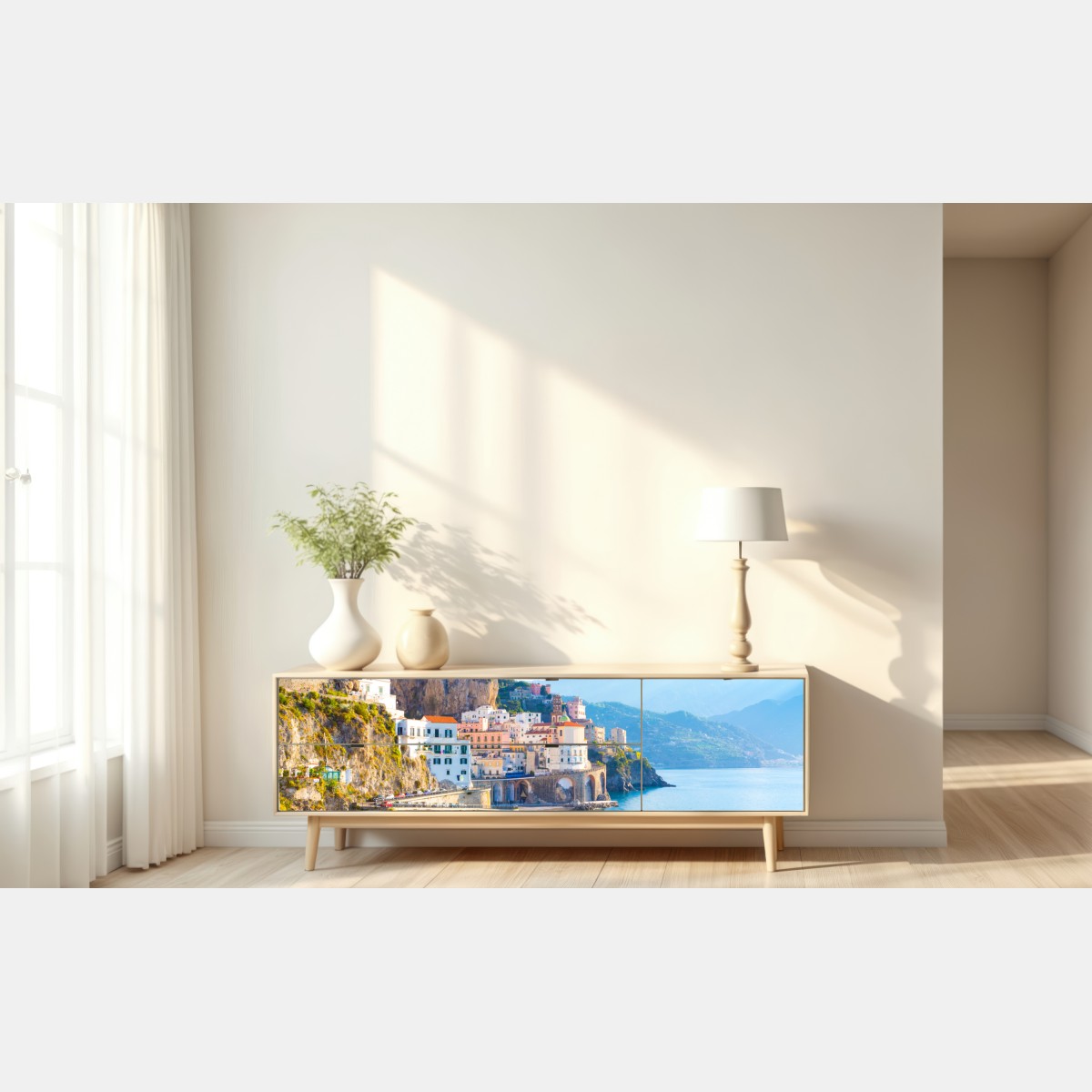 Naklejka repozycjonowalna słoneczna wioska na klifie Wybrzeże Amalfi – Wallissimo® Naklejka repozycjonowalna słoneczna wioska na klifie Wybrzeże Amalfi – Wallissimo®