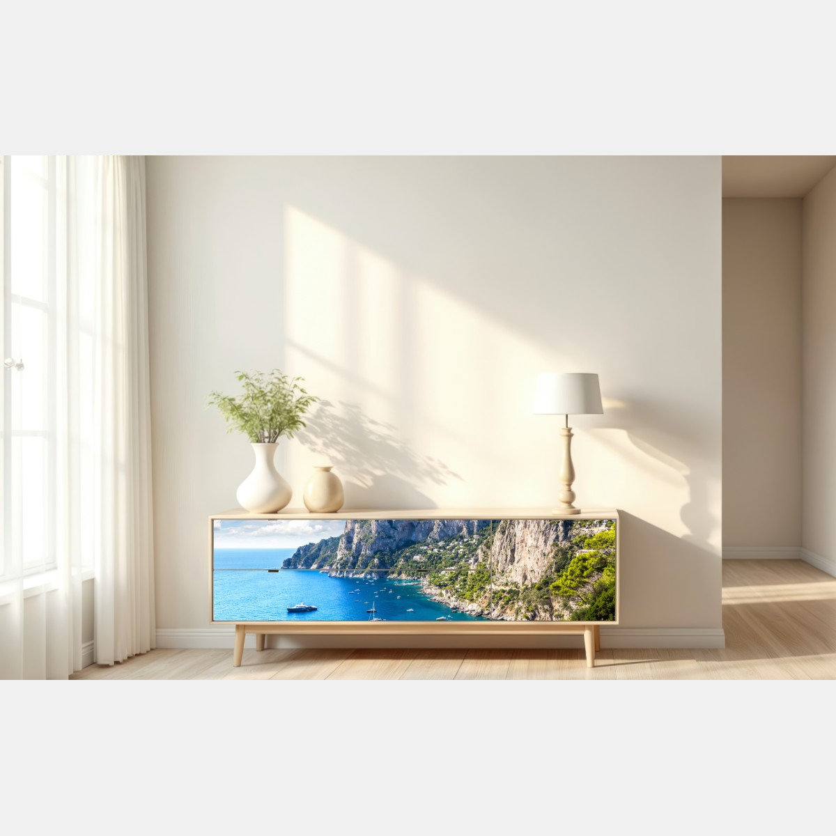 Naklejka repozycjonowalna Capri letnie wybrzeże i klify – Wallissimo® Naklejka repozycjonowalna Capri letnie wybrzeże i klify – Wallissimo®