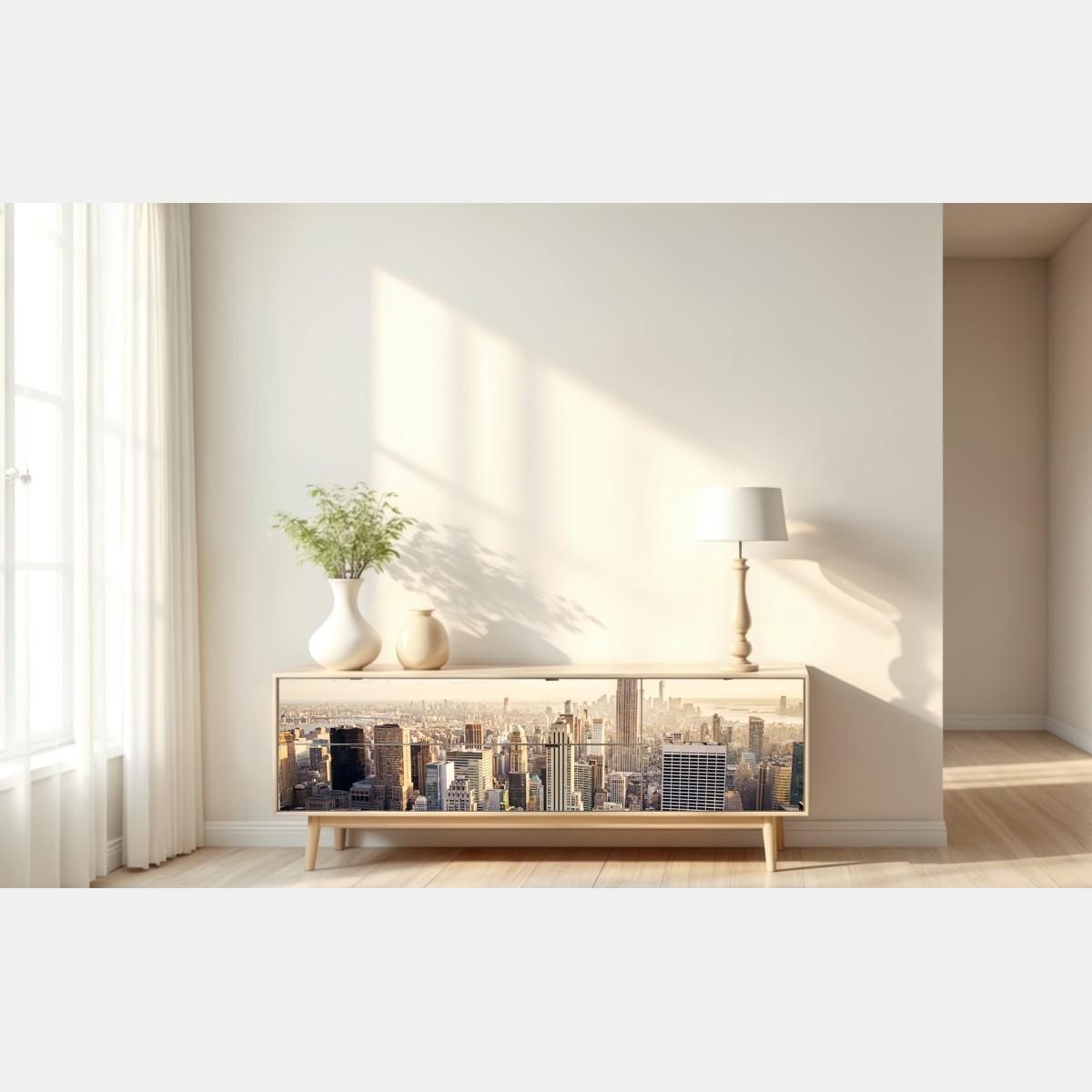 Naklejka repozycjonowalna panorama Nowego Jorku o wschodzie słońca – Wallissimo® Naklejka repozycjonowalna panorama Nowego Jorku o wschodzie słońca – Wallissimo®