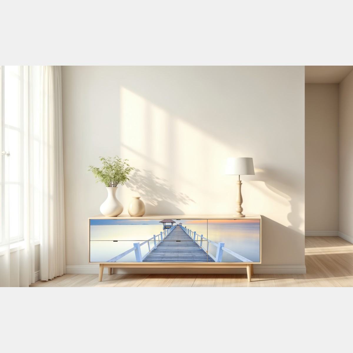 Naklejka repozycjonowalna spokojne drewniane molo o zachodzie słońca – Wallissimo® Naklejka repozycjonowalna spokojne drewniane molo o zachodzie słońca – Wallissimo®