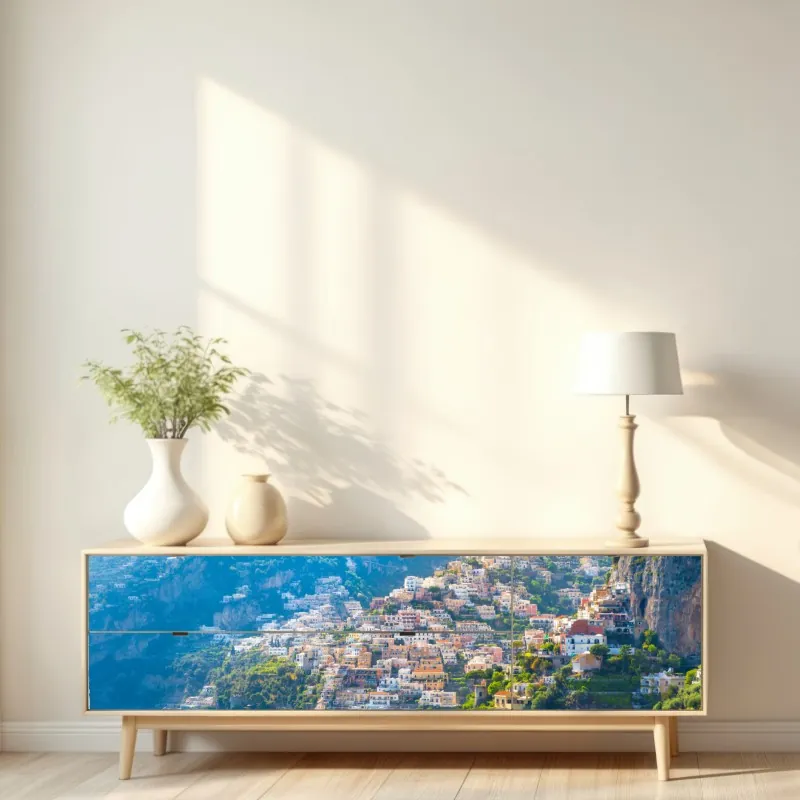 Naklejka repozycjonowalna Positano: kolorowa wioska na wybrzeżu Amalfi – Wallissimo® Naklejka repozycjonowalna Positano: kolorowa wioska na wybrzeżu Amalfi – Wallissimo®