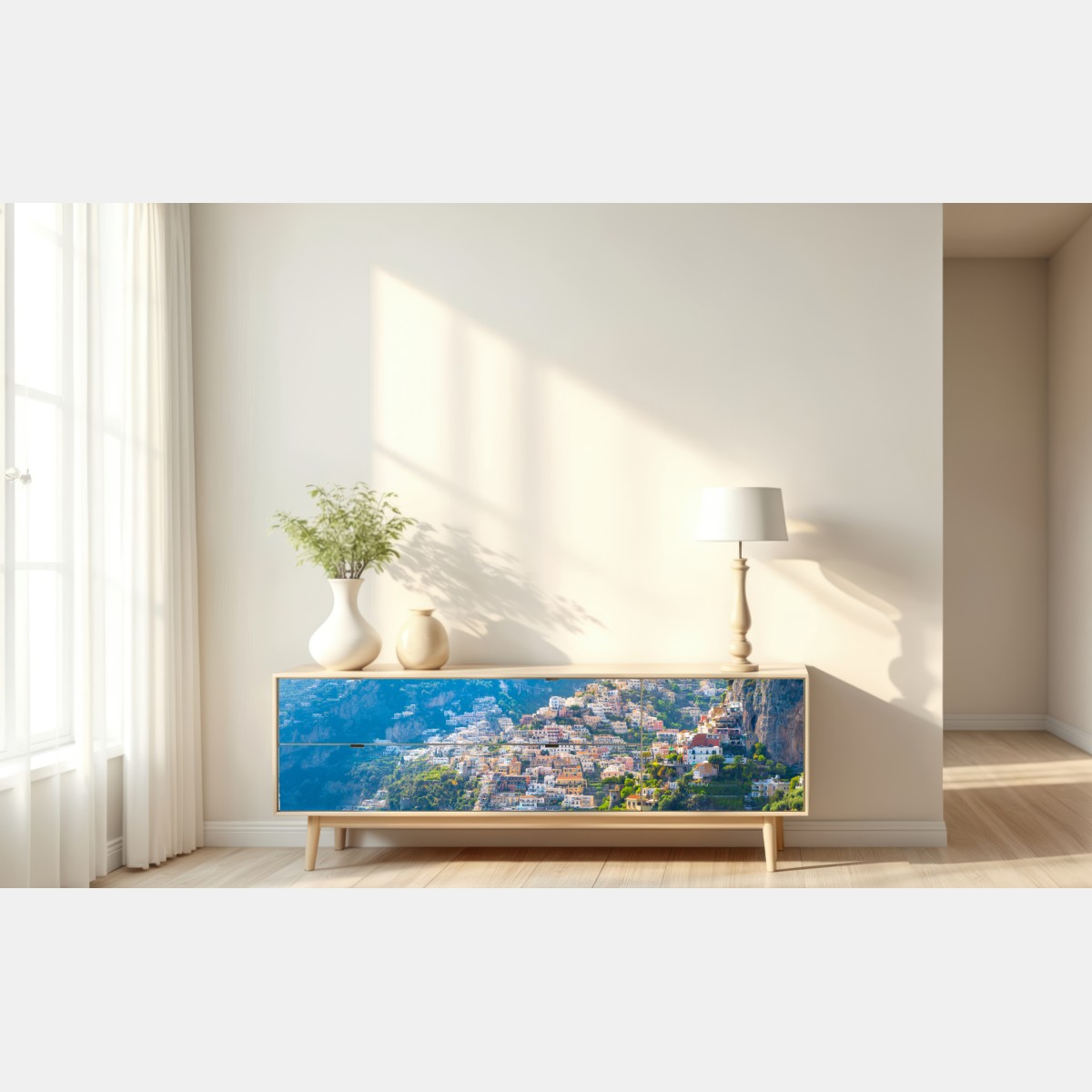 Naklejka repozycjonowalna Positano: kolorowa wioska na wybrzeżu Amalfi – Wallissimo® Naklejka repozycjonowalna Positano: kolorowa wioska na wybrzeżu Amalfi – Wallissimo®