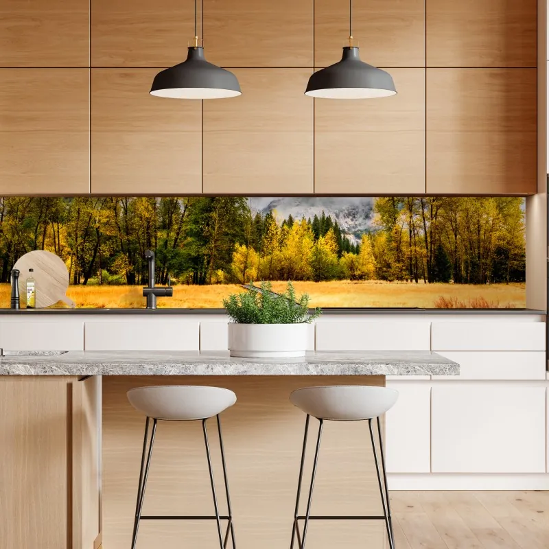 Naklejka repozycjonowalna jesienna kładka prowadząca do wodospadu