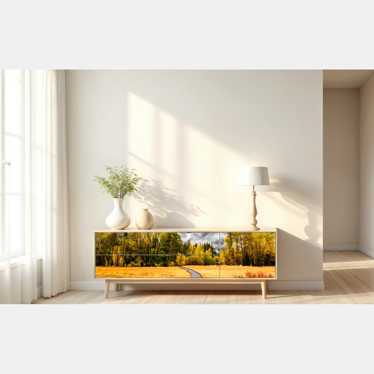 Naklejka repozycjonowalna jesienna kładka prowadząca do wodospadu – Wallissimo® Naklejka repozycjonowalna jesienna kładka prowadząca do wodospadu – Wallissimo®