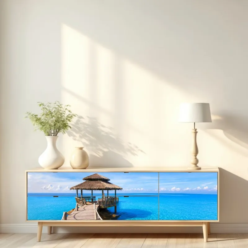 Naklejka repozycjonowalna tropikalny pomost nad turkusowym morzem – Wallissimo® Naklejka repozycjonowalna tropikalny pomost nad turkusowym morzem – Wallissimo®