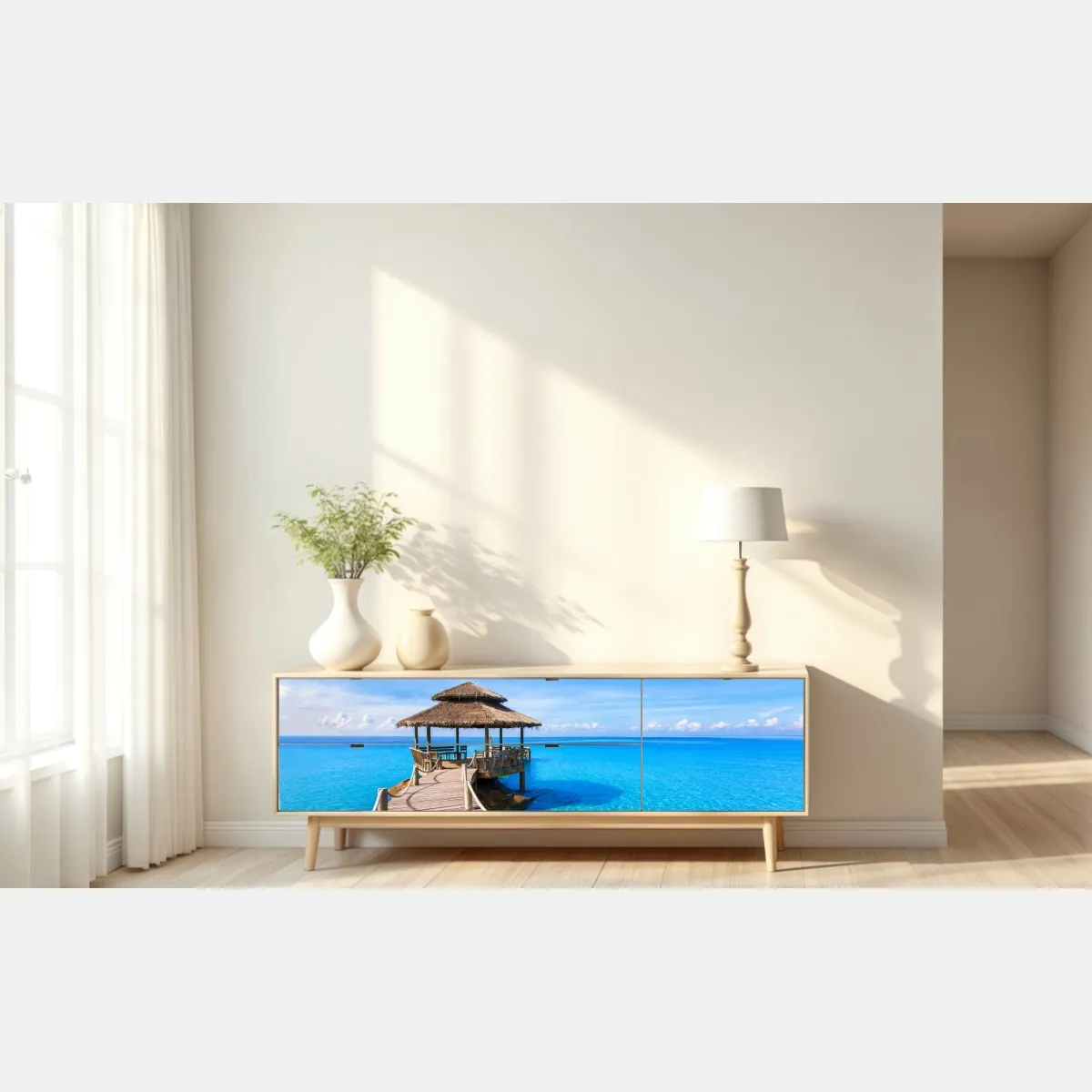 Naklejka repozycjonowalna tropikalny pomost nad turkusowym morzem – Wallissimo® Naklejka repozycjonowalna tropikalny pomost nad turkusowym morzem – Wallissimo®