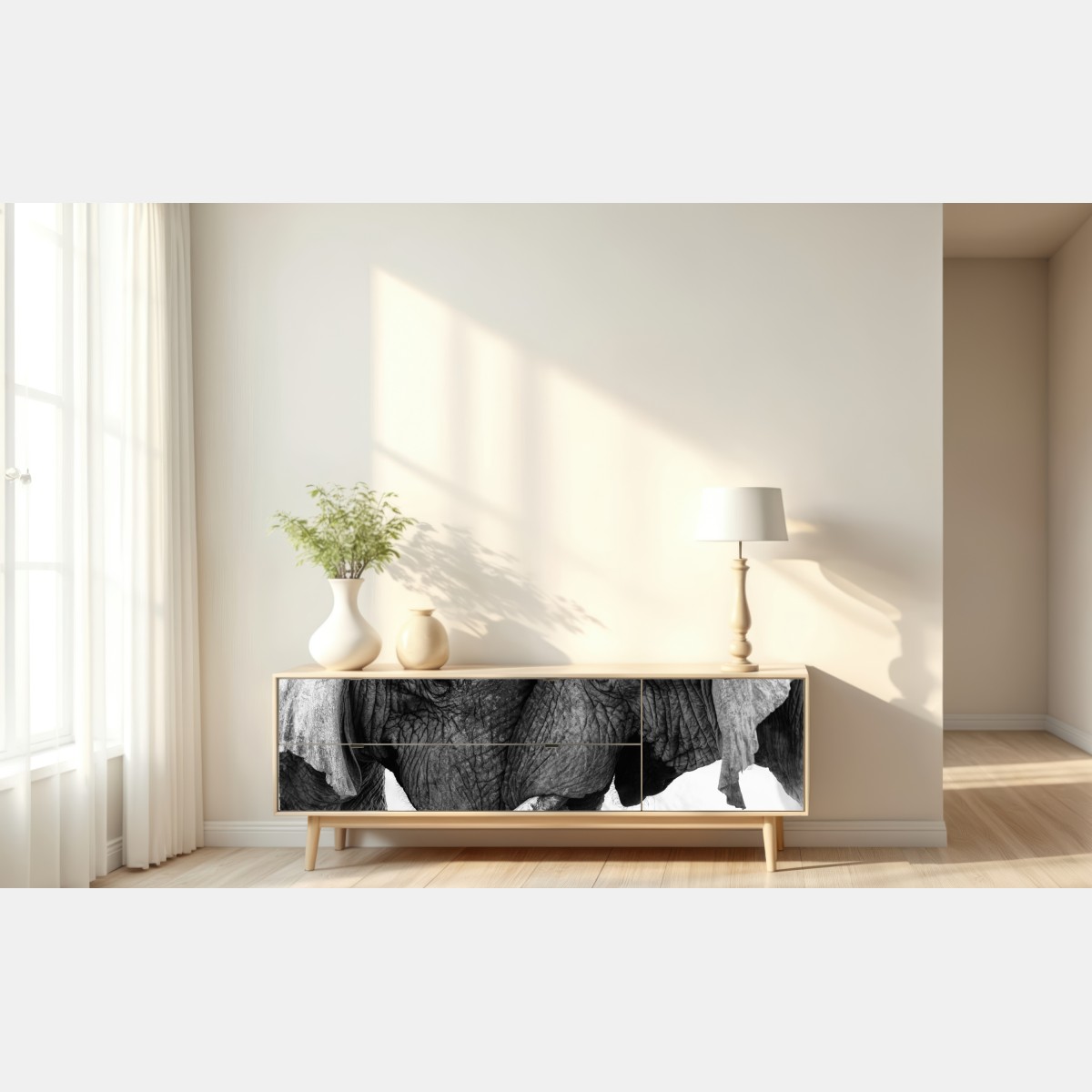 Naklejka repozycjonowalna uścisk słoni czarno-biały portret – Wallissimo® Naklejka repozycjonowalna uścisk słoni czarno-biały portret – Wallissimo®