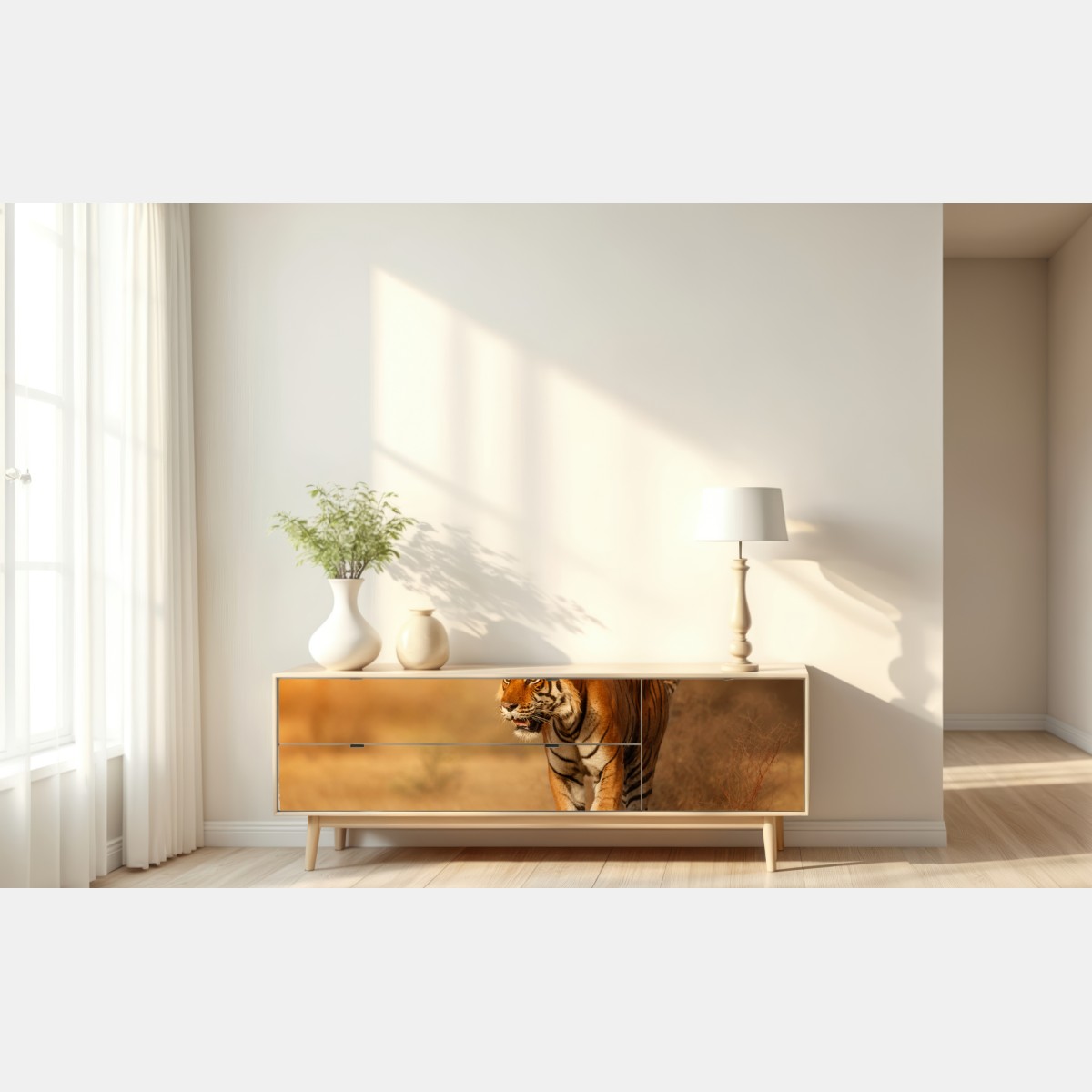 Naklejka repozycjonowalna majestatyczny tygrys w złotym świetle – Wallissimo® Naklejka repozycjonowalna majestatyczny tygrys w złotym świetle – Wallissimo®
