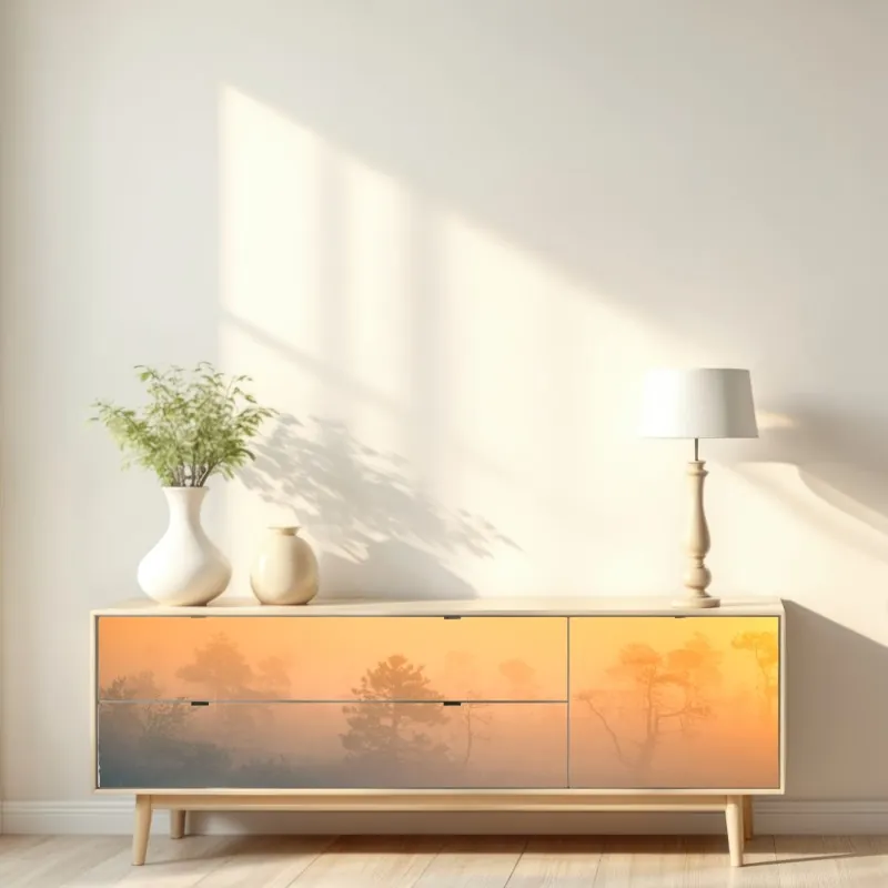 Naklejka repozycjonowalna senny wschód słońca nad mglistym torfowiskiem – Wallissimo® Naklejka repozycjonowalna senny wschód słońca nad mglistym torfowiskiem – Wallissimo®