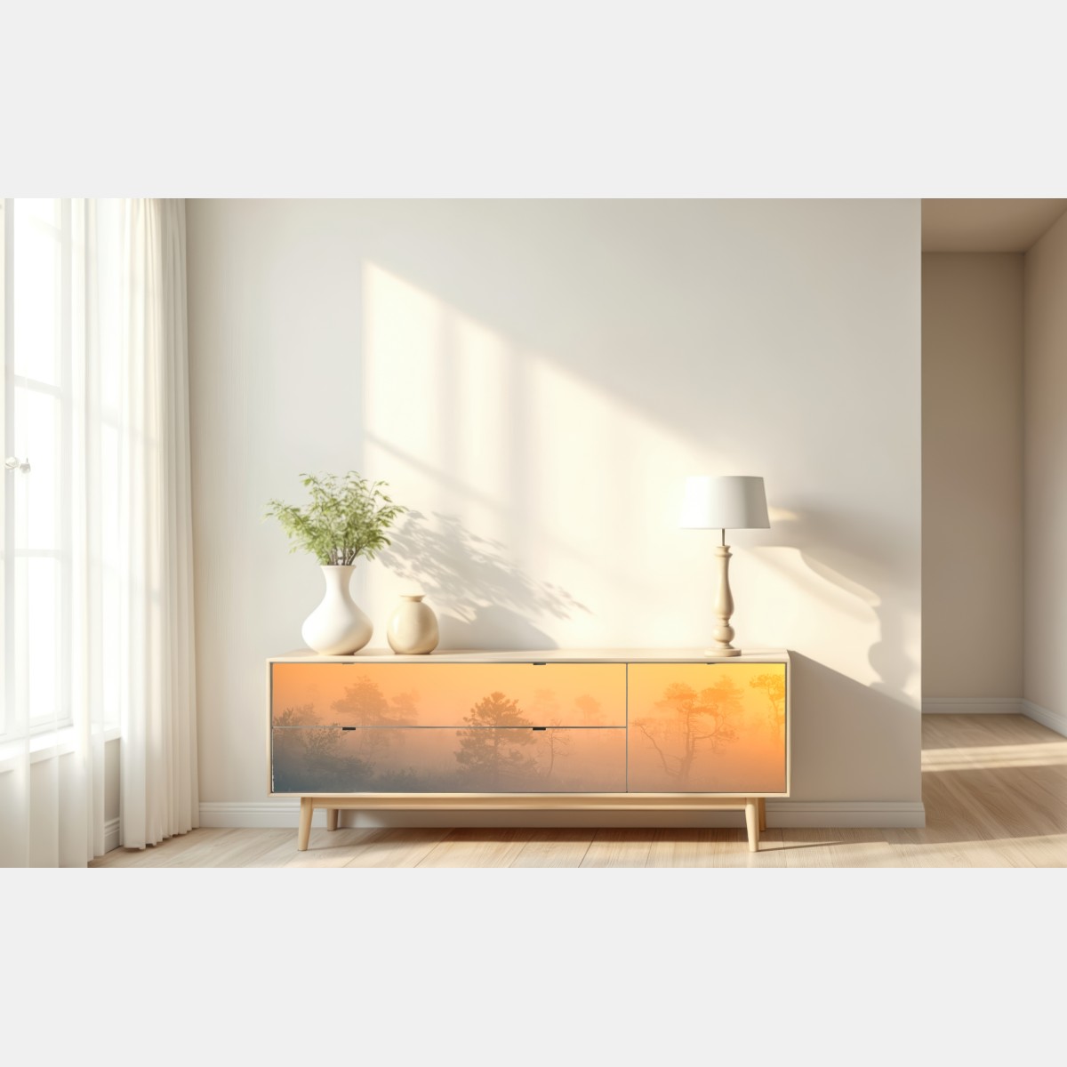 Naklejka repozycjonowalna senny wschód słońca nad mglistym torfowiskiem – Wallissimo® Naklejka repozycjonowalna senny wschód słońca nad mglistym torfowiskiem – Wallissimo®