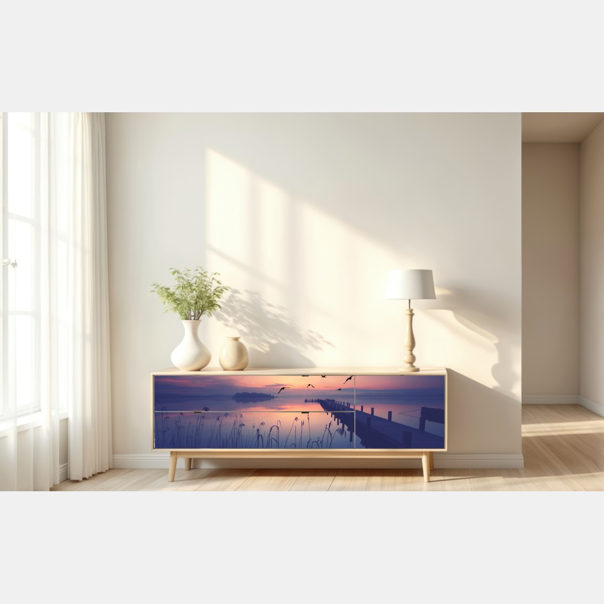 Naklejka repozycjonowalna spokojny wschód nad jeziorem z ptakami – Wallissimo® Naklejka repozycjonowalna spokojny wschód nad jeziorem z ptakami – Wallissimo®