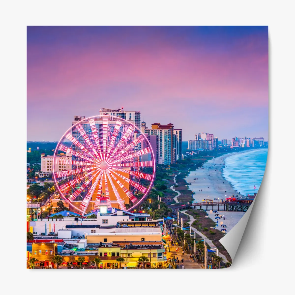 Naklejka repozycjonowalna Myrtle Beach zachód słońca nad plażą z diabelskim młynem – Wallissimo® Naklejka repozycjonowalna Myrtle Beach zachód słońca nad plażą z diabelskim młynem – Wallissimo®