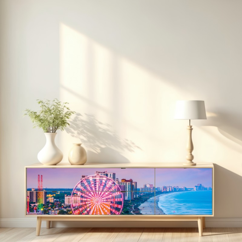 Naklejka repozycjonowalna Myrtle Beach zachód słońca nad plażą z diabelskim młynem – Wallissimo® Naklejka repozycjonowalna Myrtle Beach zachód słońca nad plażą z diabelskim młynem – Wallissimo®