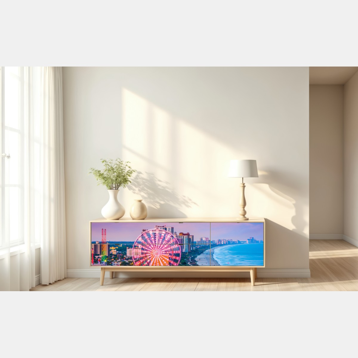 Naklejka repozycjonowalna Myrtle Beach zachód słońca nad plażą z diabelskim młynem – Wallissimo® Naklejka repozycjonowalna Myrtle Beach zachód słońca nad plażą z diabelskim młynem – Wallissimo®