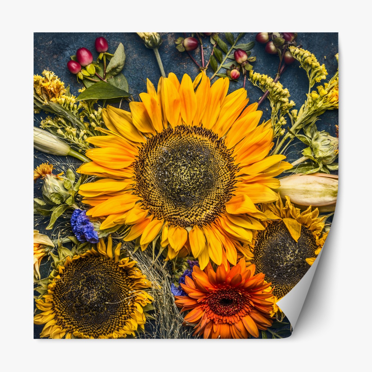 Repositionable sticker autumn sunflower bouquet on dark rustic background
