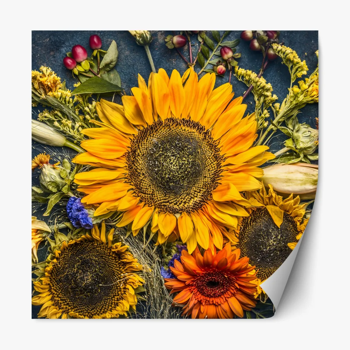 Naklejka repozycjonowalna jesienny bukiet słoneczników na ciemnym rustykalnym tle – Wallissimo® Naklejka repozycjonowalna jesienny bukiet słoneczników na ciemnym rustykalnym tle – Wallissimo®