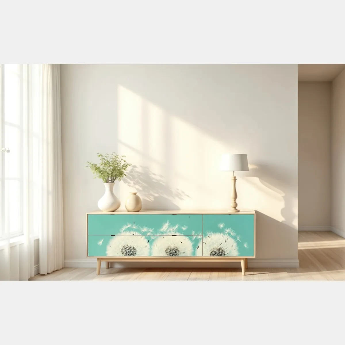 Naklejka repozycjonowalna trzy dmuchawce na turkusowym tle – Wallissimo® Naklejka repozycjonowalna trzy dmuchawce na turkusowym tle – Wallissimo®