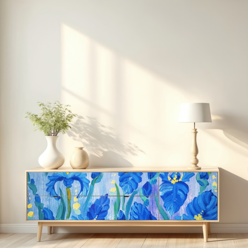 Naklejka repozycjonowalna żywy niebieski bukiet irysów – Wallissimo® Naklejka repozycjonowalna żywy niebieski bukiet irysów – Wallissimo®