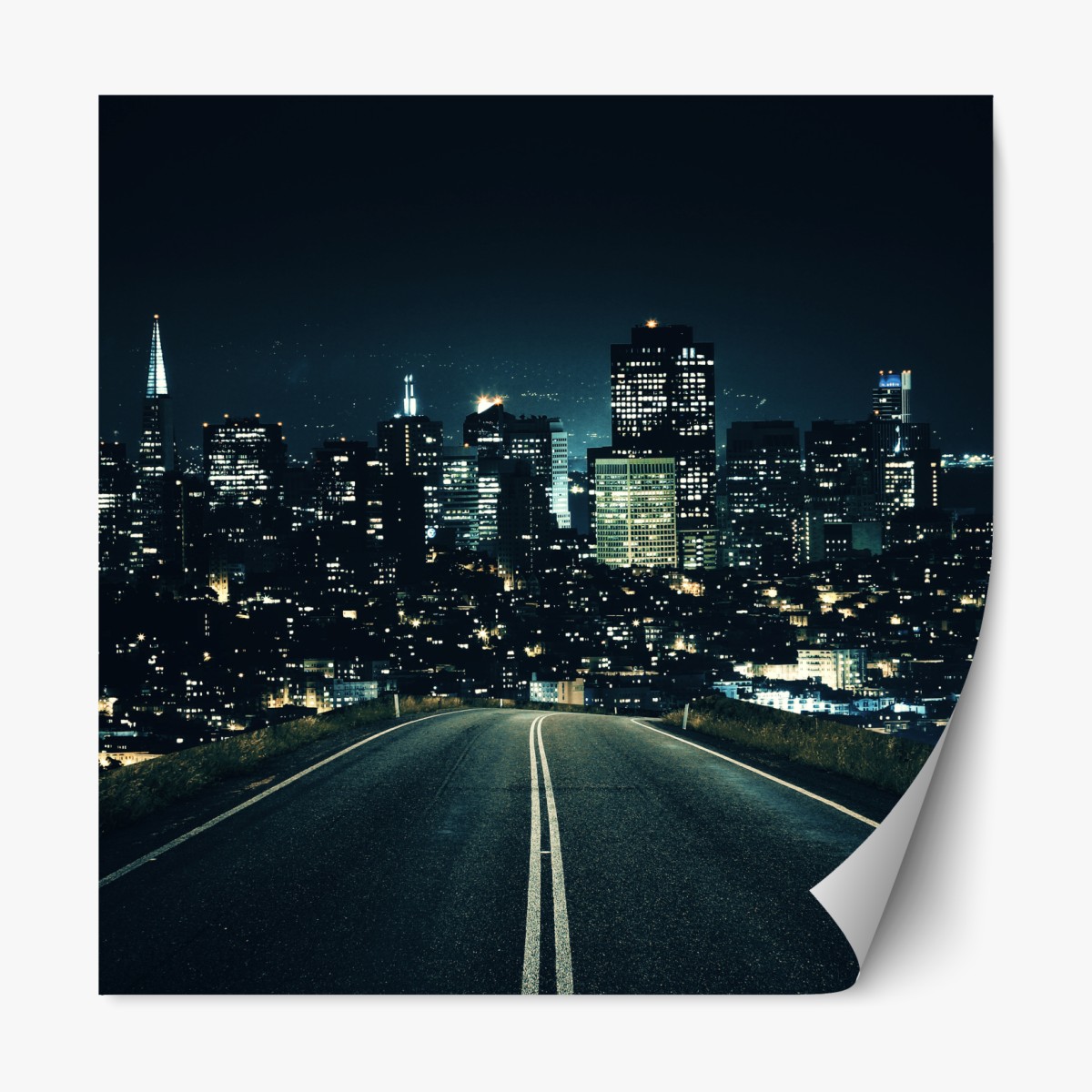 Repositionable sticker road to illuminated city skyline at night
