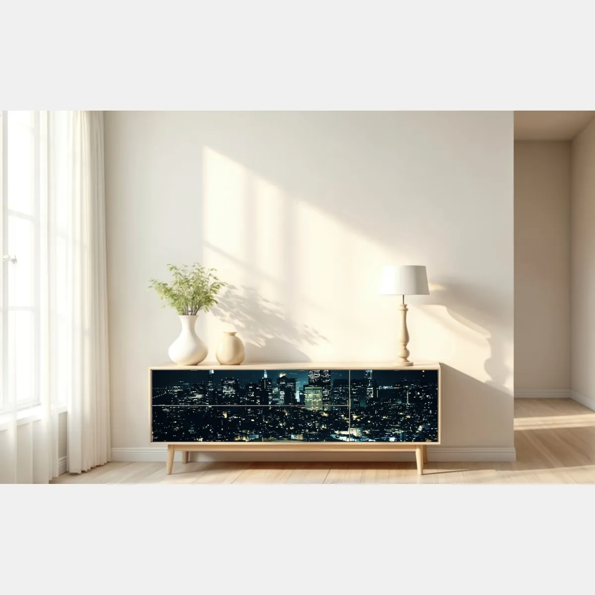 Naklejka repozycjonowalna droga prowadząca do oświetlonej panoramy miasta nocą – Wallissimo® Naklejka repozycjonowalna droga prowadząca do oświetlonej panoramy miasta nocą – Wallissimo®