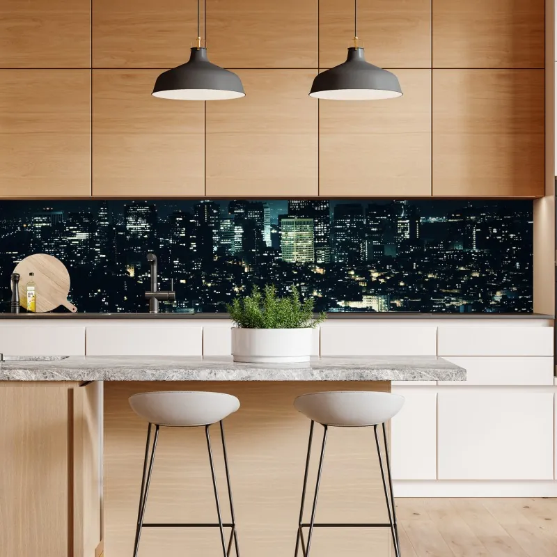 Naklejka repozycjonowalna droga prowadząca do oświetlonej panoramy miasta nocą – Wallissimo® Naklejka repozycjonowalna droga prowadząca do oświetlonej panoramy miasta nocą – Wallissimo®