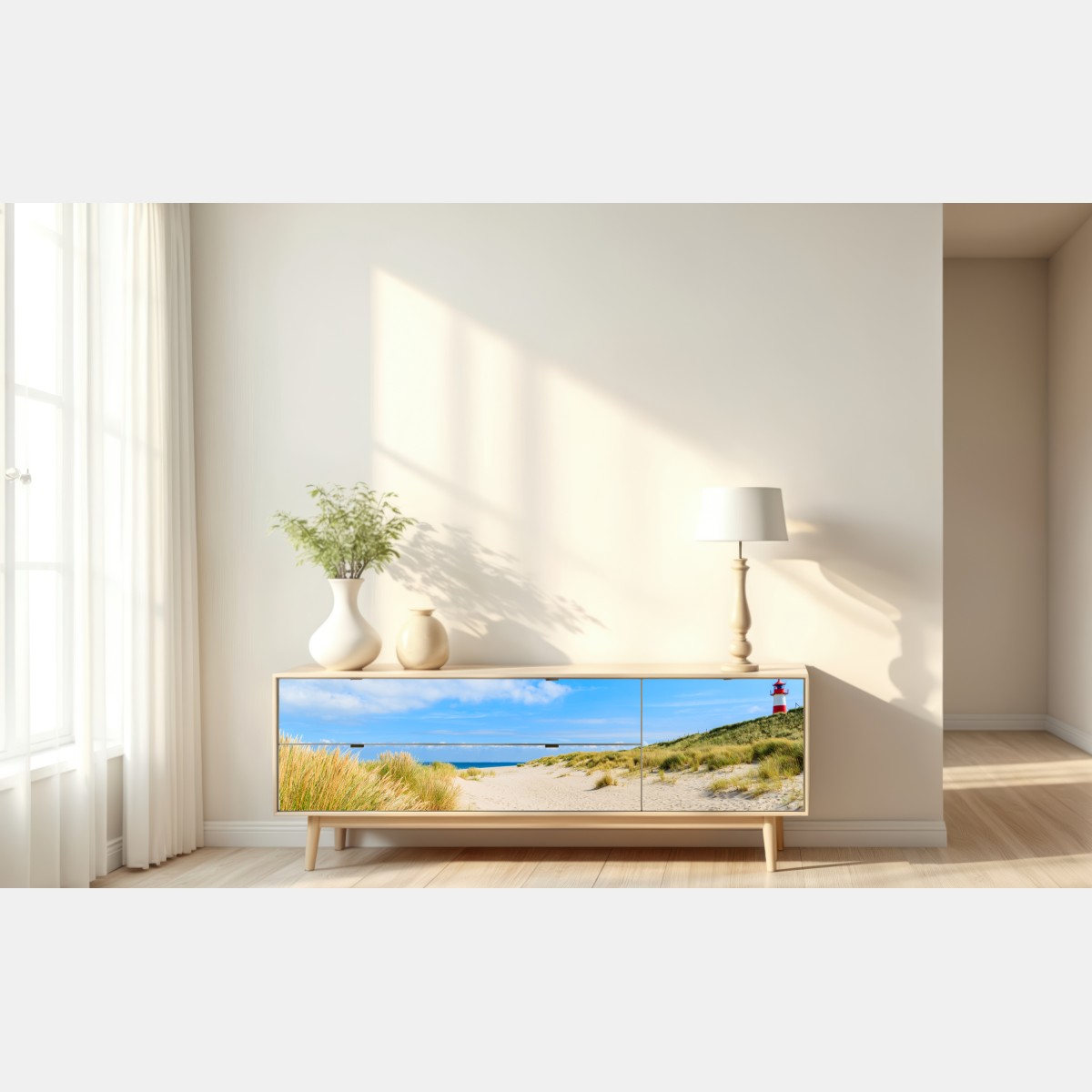 Naklejka repozycjonowalna spokojne wydmy Sylt z latarnią morską – Wallissimo® Naklejka repozycjonowalna spokojne wydmy Sylt z latarnią morską – Wallissimo®