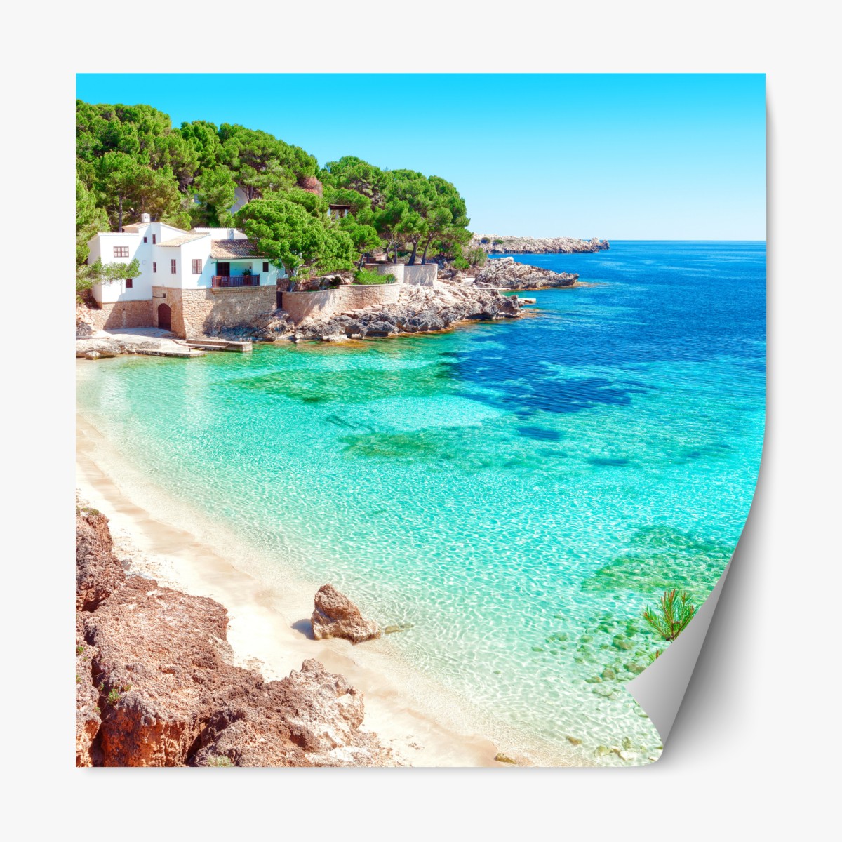 Repositionable sticker tranquil Mediterranean cove with turquoise waters