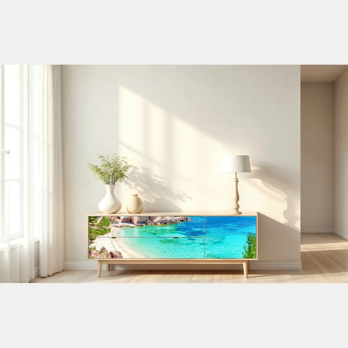 Naklejka repozycjonowalna spokojna zatoka śródziemnomorska z turkusowymi wodami – Wallissimo® Naklejka repozycjonowalna spokojna zatoka śródziemnomorska z turkusowymi wodami – Wallissimo®