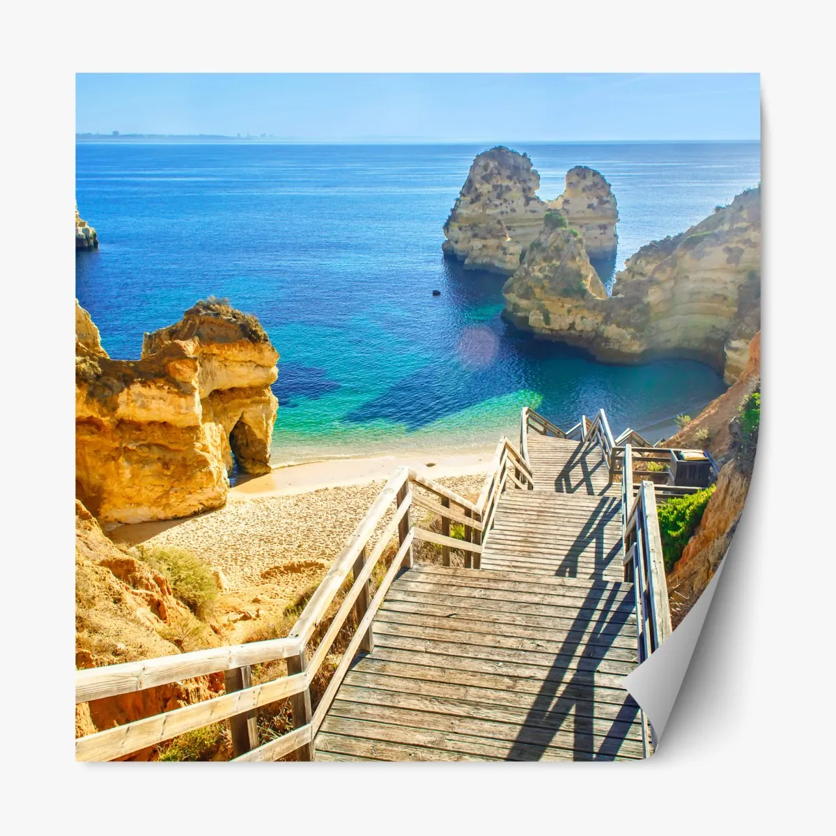 Naklejka repozycjonowalna słoneczne schody prowadzące do turkusowej zatoczki – Wallissimo® Naklejka repozycjonowalna słoneczne schody prowadzące do turkusowej zatoczki – Wallissimo®