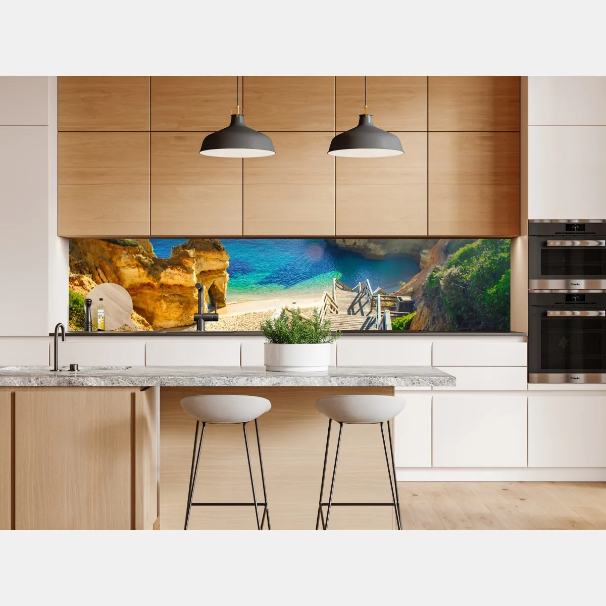 Naklejka repozycjonowalna słoneczne schody prowadzące do turkusowej zatoczki – Wallissimo® Naklejka repozycjonowalna słoneczne schody prowadzące do turkusowej zatoczki – Wallissimo®