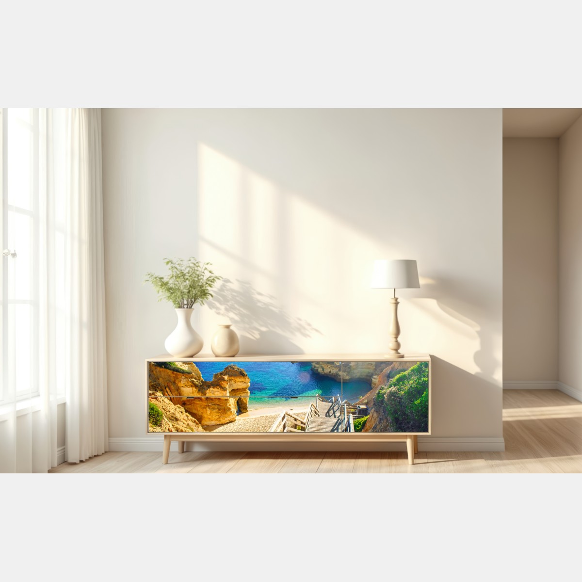 Naklejka repozycjonowalna słoneczne schody prowadzące do turkusowej zatoczki – Wallissimo® Naklejka repozycjonowalna słoneczne schody prowadzące do turkusowej zatoczki – Wallissimo®