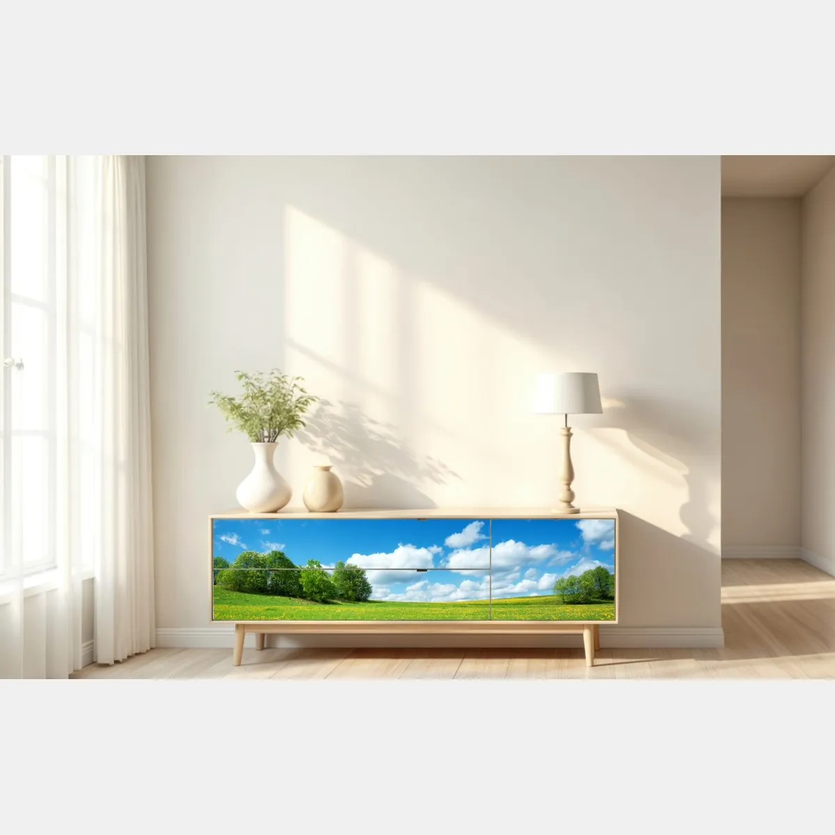 Naklejka repozycjonowalna słoneczna łąka z mniszkami i błękitnym niebem – Wallissimo® Naklejka repozycjonowalna słoneczna łąka z mniszkami i błękitnym niebem – Wallissimo®